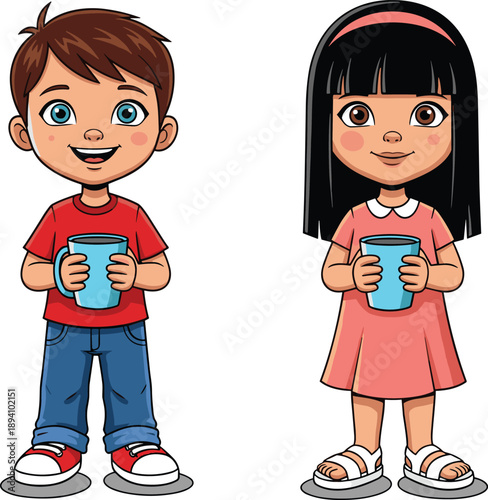 Cute cartoon boy and girl holding cups, happy kids drink time, vector illustration for refreshment, childhood, daily life concept