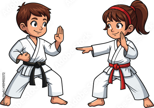 Cute cartoon boy and girl practicing karate, kids martial arts training, vector illustration for self defense, discipline, sports concept