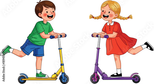 Cute cartoon boy and girl riding scooters, happy kids outdoor play, vector illustration for childhood, fun, activity concept colorful lifestyle