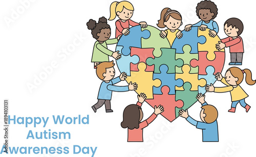 Happy world autism awareness day, diverse children connect puzzle heart shape together for autistic day concept