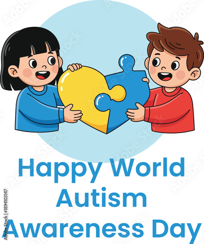 Happy world autism awareness day, two children boy and girl hold puzzle heart shape for autistic day concept