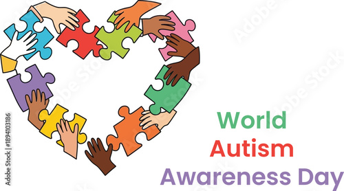 World autism awareness day, heart made of puzzle pieces and diverse hands for autistic day concept