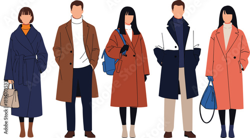 Flat vector illustration set of diverse people wearing stylish winter coats and autumn outerwear for architectural rendering and urban projects.