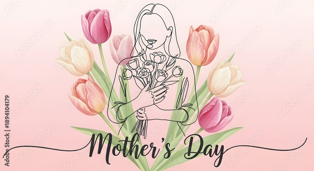 Fototapeta premium Mother's day greeting card with tulips and mother illustration