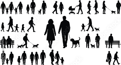People silhouette vector set, everyday life scenes with walking figures, dogs, children, benches, and strollers