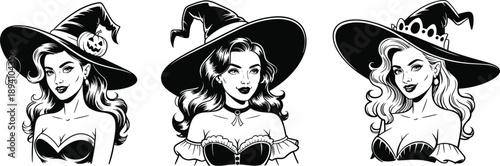 Black and white illustration of three stylish witches in unique hats and dresses, symbolizing Halloween, fantasy, mystery, and magical feminine character design.