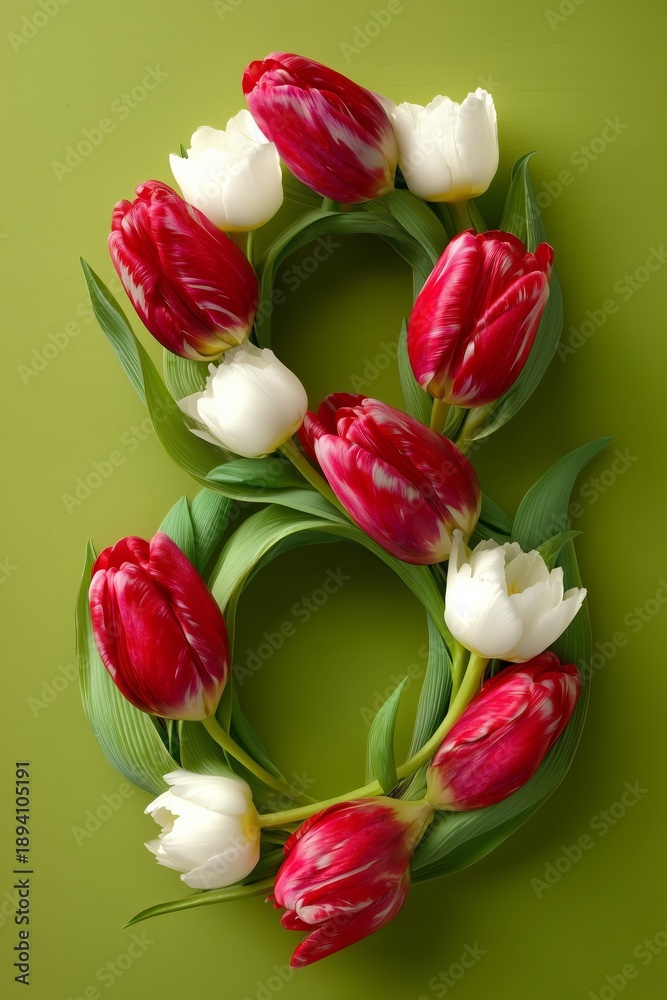 Fototapeta premium Red tulips arranged in the shape of an eight on a green background for International Women's Day celebration