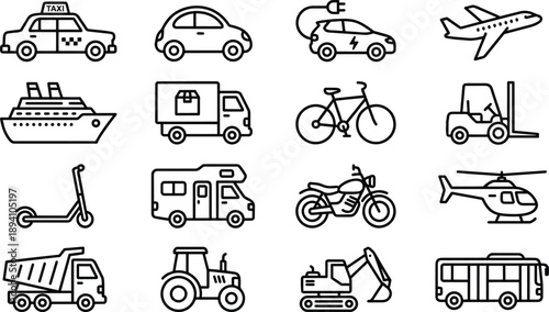 Transportation vehicle line icons set, taxi electric car truck bike plane ship, logistics travel, modern minimal vector illustration