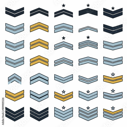 Military Rank Insignia Collection: Chevron Stripes and Stars on White Background