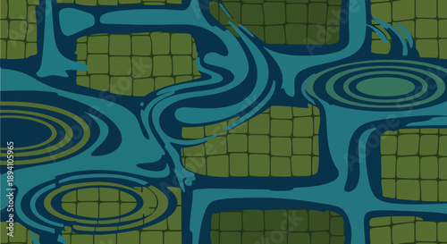 Modern vector wallpaper inspired by crocodile skin pattern with bold scale shapes and abstract water ripple background, strong reptile texture design for interiors and textiles