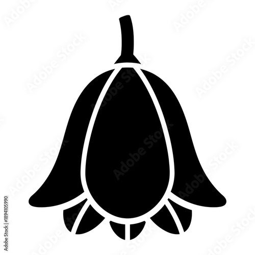 Black silhouette icon of a bell-shaped flower bud like a lily of the valley or bluebell, isolated on white background. Simple vector glyph illustration for nature design.
