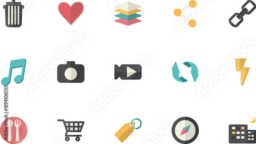 A collection of icons representing various concepts including technology, entertainment, and lifestyle on a clean background from a straightforward viewpoint