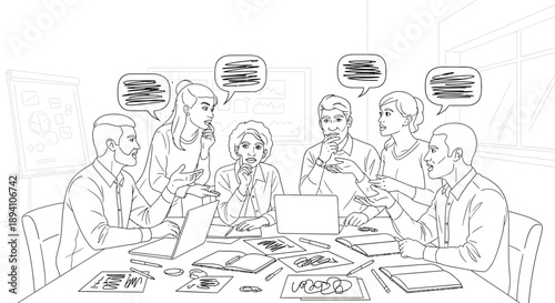 A group of business people sitting around a conference table with laptops and papers discussing ideas