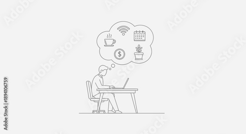 a man sitting at a desk with a thought bubble above his head filled with various business and productivity icons