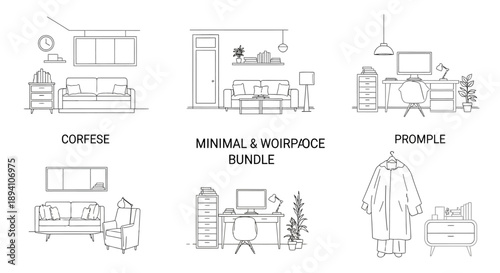 line drawing illustrations of home office furniture and decor in minimalist style