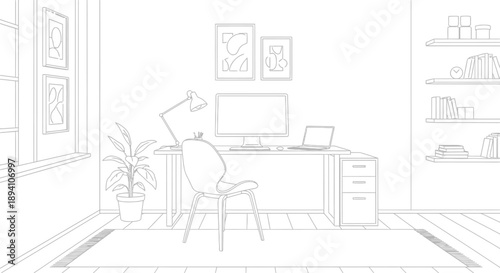 line drawing of a modern home office with desk computer and bookshelves
