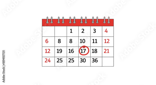 Spiral bound calendar page with dates and numbers marked on white background  office supplies