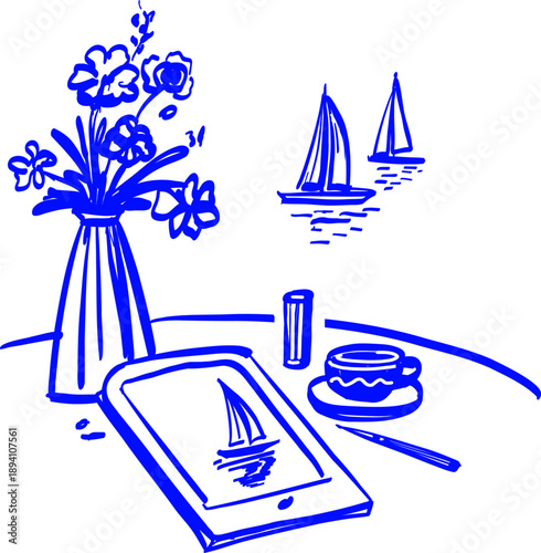 Morning Coffee by the Sea with Drawing Tablet, Sketch
