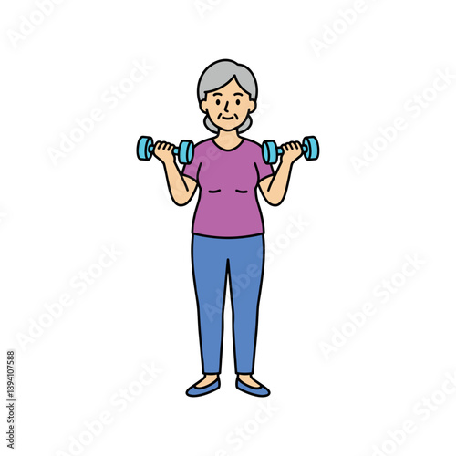 Smiling elderly woman exercising with dumbbells isolated on white background, healthy lifestyle illustration concept of senior fitness and active aging