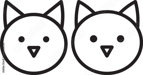 Two cute cartoon cat faces with pointy ears and triangle noses, black and white outline illustration for pets and animal lovers