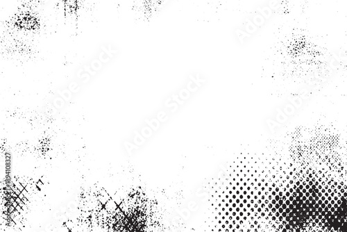Abstract Black and White Grunge Frame Background with Ink Splatter and Halftone Texture