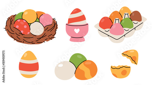 Set of colourful Easter eggs in different styles. Cute vector illustrations showing eggs in nest, egg cup, carton and cracked eggs. Perfect for Easter design, holiday cards and kids projects.