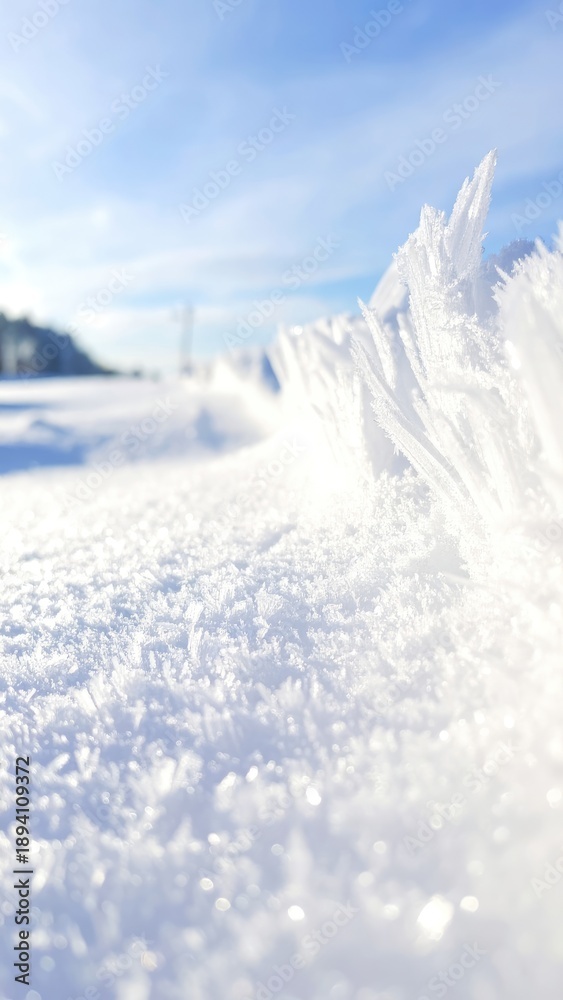Obraz premium Close-up of frost formations on snow under a bright blue sky.