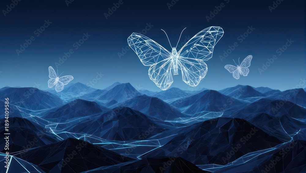 Obraz premium Abstract digital art of butterflies over a mountainous landscape
