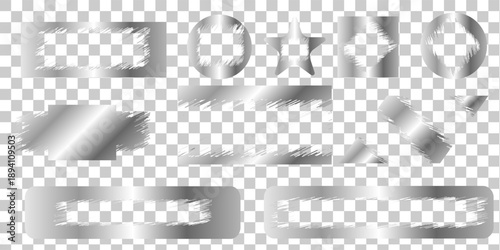 Card lottery scratch silver badges on transparent background - chalk shading smudged blotchy doodle elements. Rugged ragged glossy ink splatter.