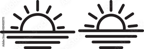 Two simple sunrises over a horizon line, representing new beginnings, hope, and dawn, black and white outline illustration