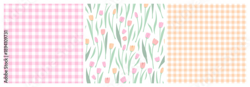 Set of spring seamless patterns with gingham vichy plaid and tulip flowers. Soft pastel vector backgrounds for fabric, wrapping paper, and stationery