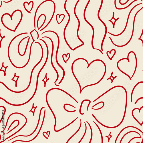 Seamless pattern with hand drawn bows and hearts. Valentine's day vector line background. Cute romantic doodle illustration