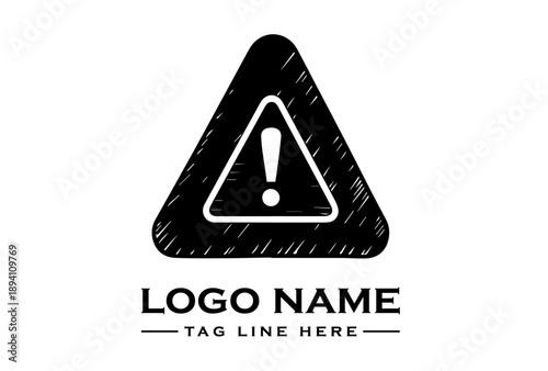 Black warning sign logo with an exclamation mark on a white background and sample text.