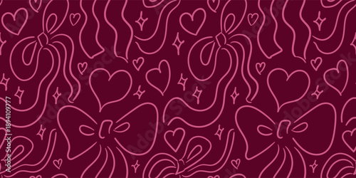 Seamless pattern with hand drawn bows and hearts. Valentine's day vector line background. Cute romantic doodle illustration