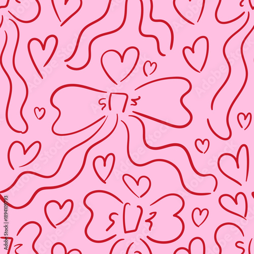 Seamless pattern with hand drawn bows and hearts. Valentine's day vector line background. Cute romantic doodle illustration