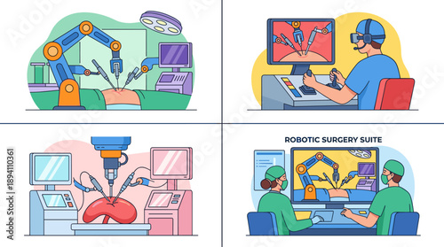 Set of four flat vector illustrations depicting advanced robotic surgery scenes, featuring robotic arms performing procedures, surgeons using VR headsets, and a modern medical surgery suite.
