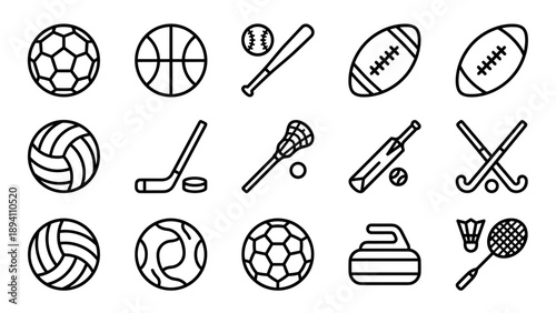 Vector Set of Team Sports Equipment Line Icons Featuring Soccer, Basketball, Baseball, Football, Hockey, Lacrosse, Cricket, Curling, and Badminton Gear in Minimalistic Black and White Style.