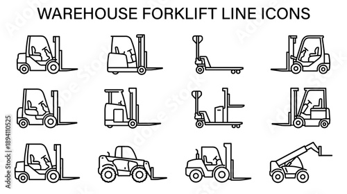 Minimalist Vector Set of Warehouse Forklift Truck Line Icons Featuring Various Industrial Lifting Equipment, Pallet Jacks, and Reach Trucks for Logistics, Storage, and Material Handling Needs.