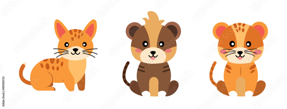 Fototapeta premium An adorable cartoon tiger character illustrated in a simple flat style with warm orange and brown colors. Ideal for children's projects, nursery decoration, educational materials, etc.
