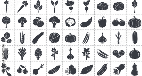 Variety of fresh vegetables and fruits icons in black and white