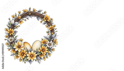 Easter Wreath: A beautiful wreath with yellow flowers,  white eggs, and intricate detailing represents the spirit of spring.