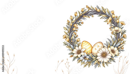 Easter Wreath: A beautiful wreath with a delicate composition of flowers and eggs, celebrating the season's joy, happiness and renewal.