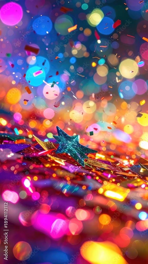 custom made wallpaper toronto digitalA vibrant, close-up image captures shimmering confetti and a glittering star against a backdrop of colorful bokeh lights.