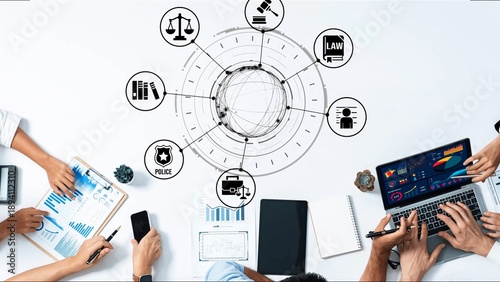 Fotografi Law icons illustrate justice, court, and regulation system