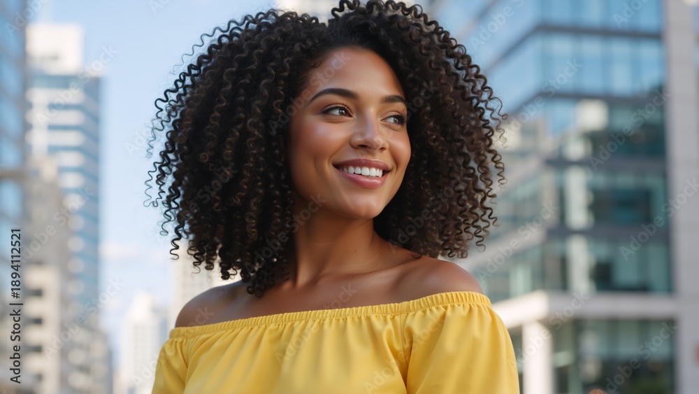 Happy young woman with curly hair smiling in the city. Portrait of a confident african american person outdoors in a modern urban setting
