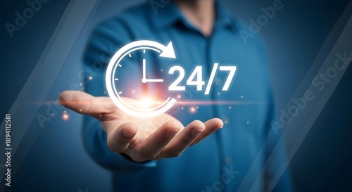 A person presenting a 24 7 service symbol with their hand