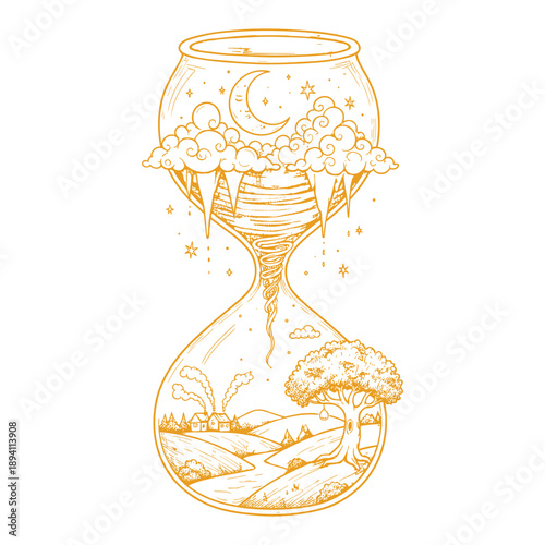 Hourglass with a whimsical landscape inside, featuring moon, clouds and stars vector illustration