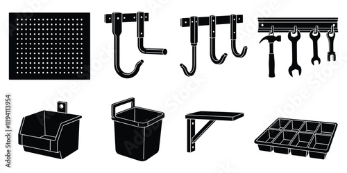 Tool organizer set vector illustration of wall mounted hooks pegboard bin shelf and tray