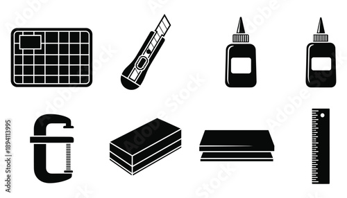 Crafting tools vector illustration including cutter bottles clamps ruler grid and blocks
