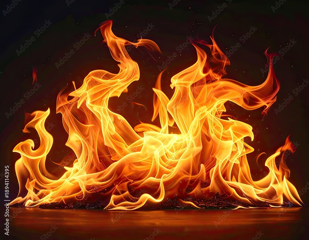 Fototapeta premium Vibrant orange and yellow flames intensely burn against a dark background.